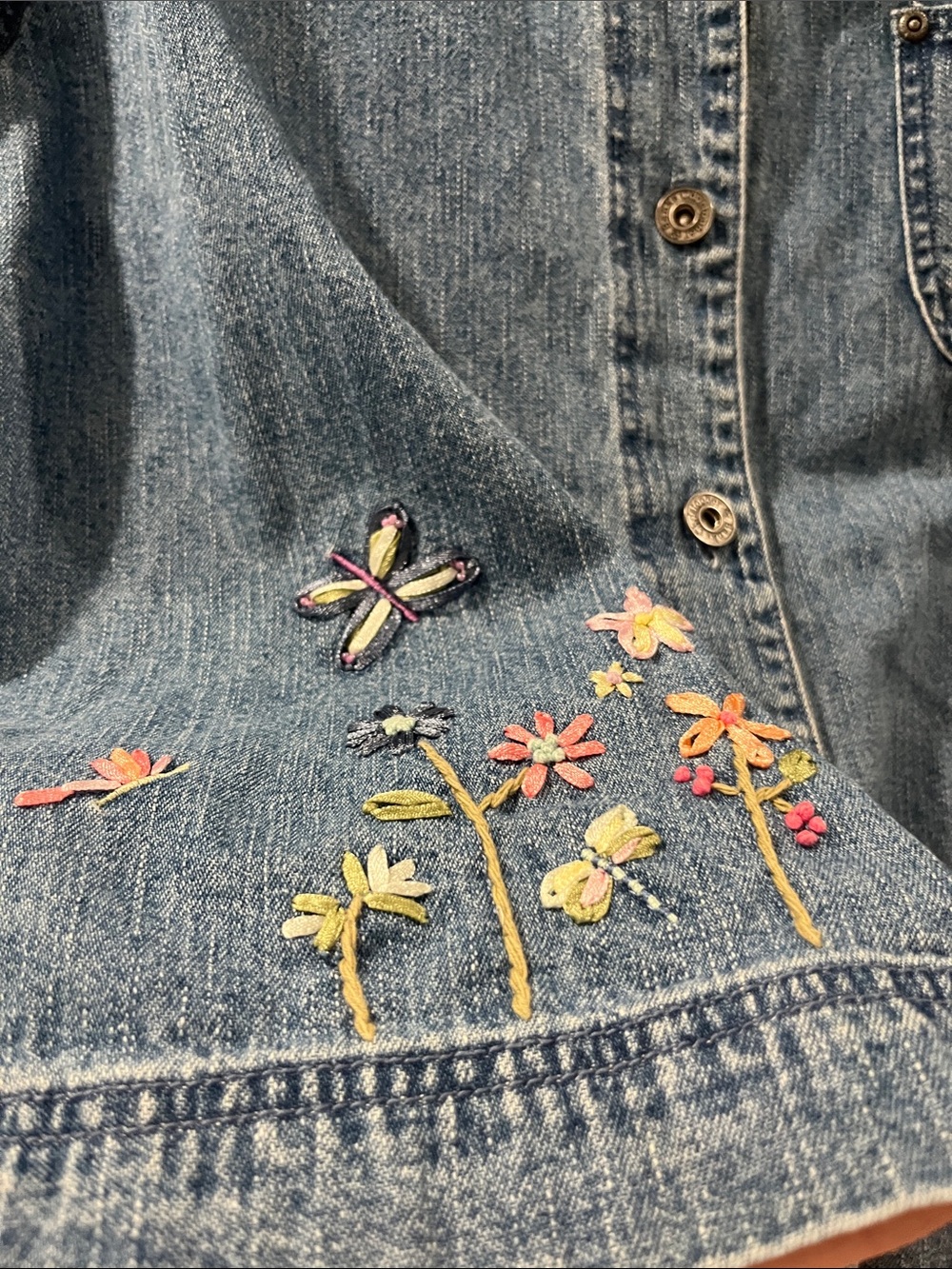 Grandmacore Gardencore Eclectic Embroidered Ribbon Light Weight Denim Jacket L - Picture 3 of 12